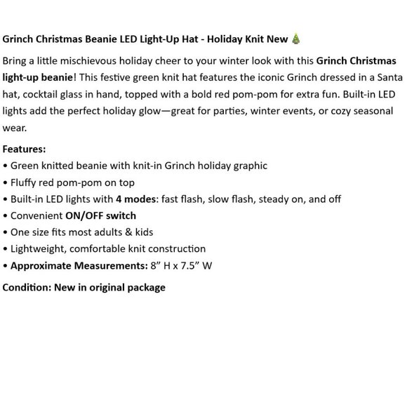 Grinch Christmas Beanie LED Light-Up Hat - Holiday Knit New🎄 - Picture 2 of 6